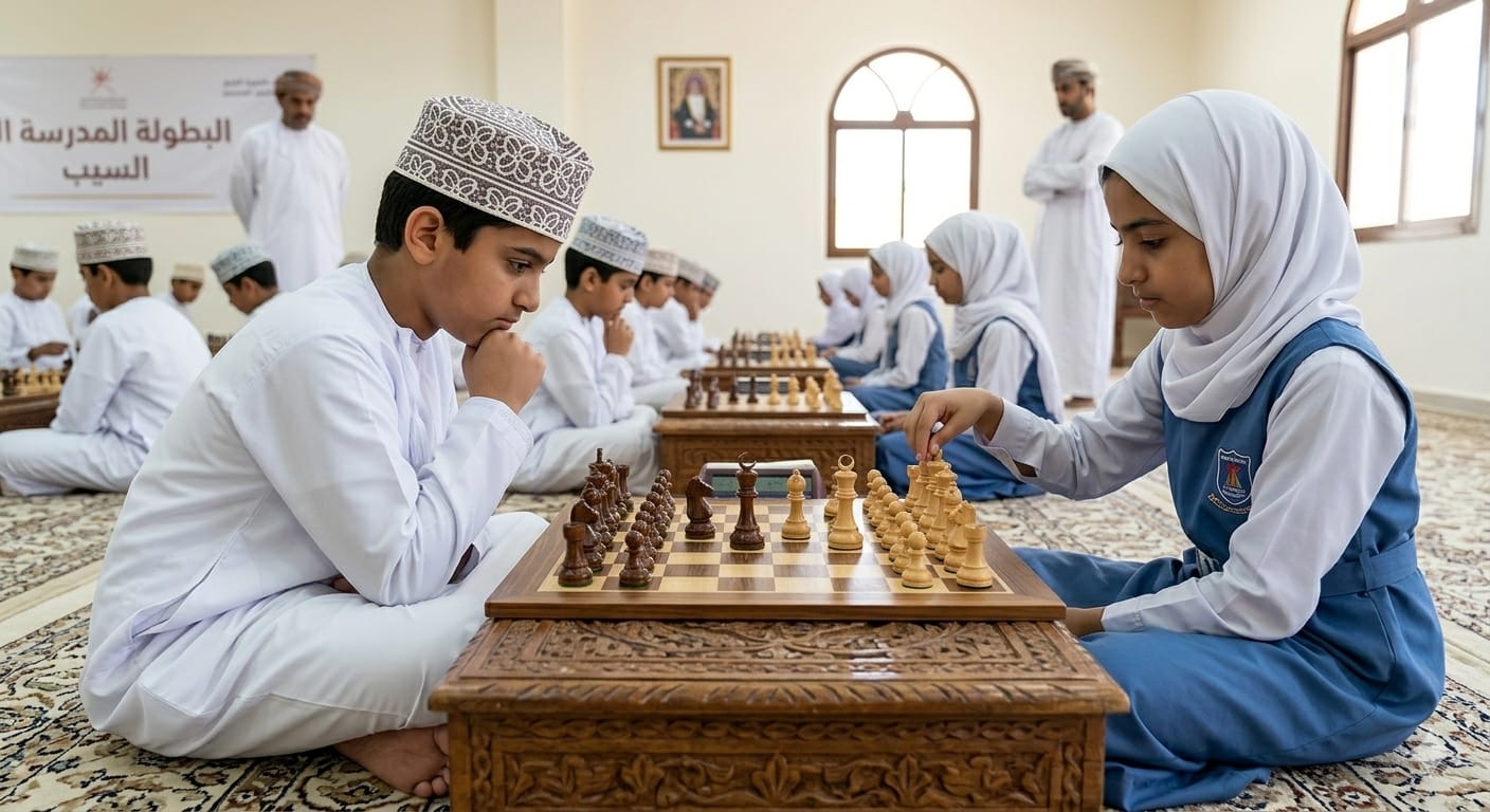 Two students study the board in a focused school chess match